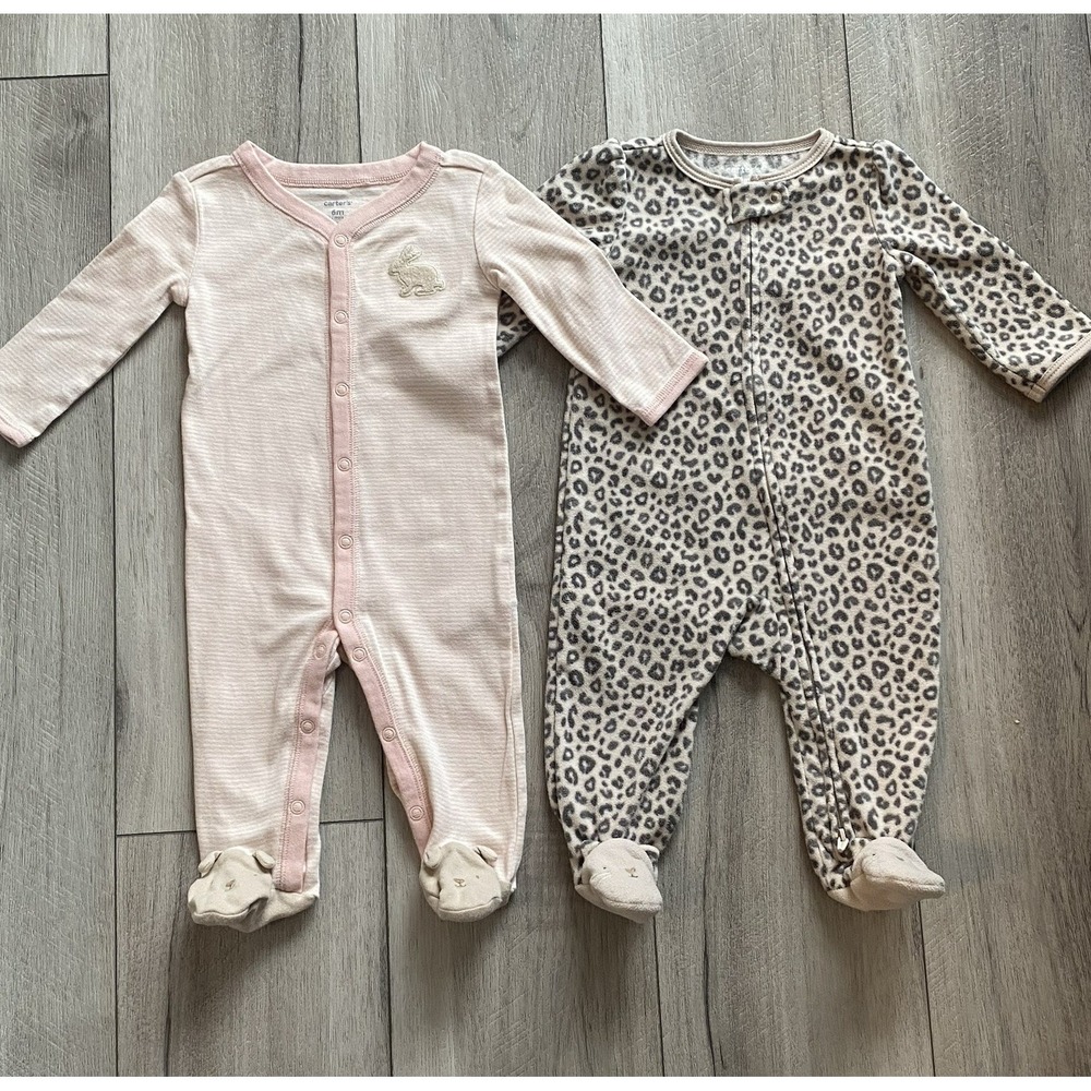 Carter's Infant Girls Footed Pajamas Size 6 Months Lot Of 2 Animal Print Pink